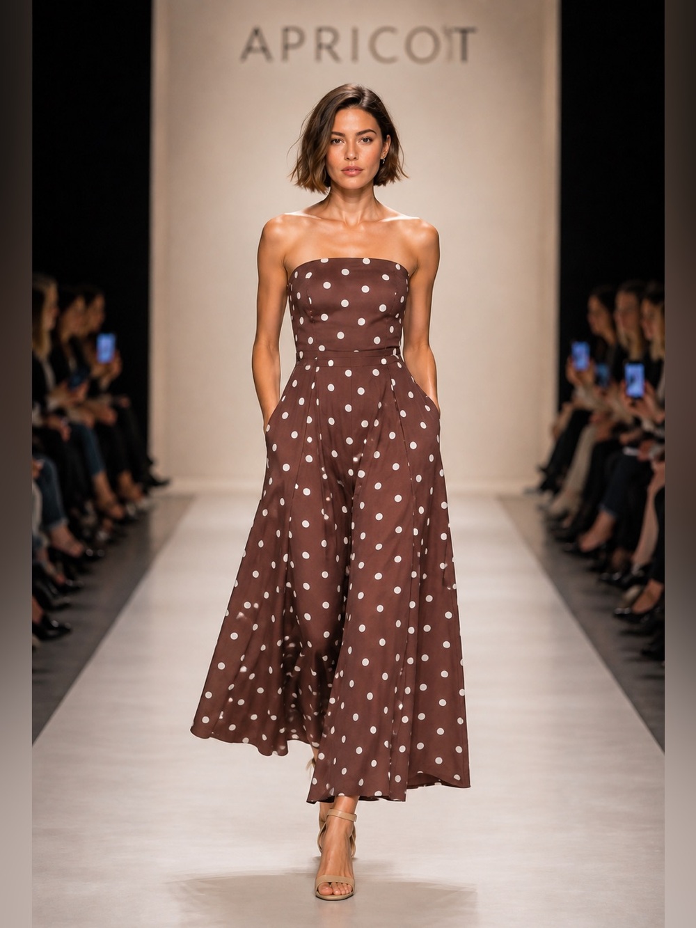 Apricot Strapless Polka Dot Wide-Leg Jumpsuit - Brown, size small